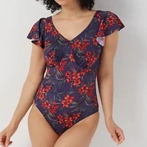 Denim & Co Draped Ruffle Sleeve One-Piece Swimsuit